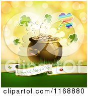 Clipart Of A Happy St Patricks Day Greeting Background With Shamrocks And A Pot Of Leprechauns Gold 2 Royalty Free Vector Illustration