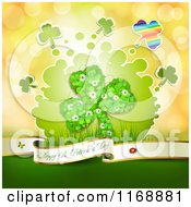 Clipart Of A Happy St Patricks Day Greeting And Shamrock Made Of Clovers On Orange Flares Royalty Free Vector Illustration