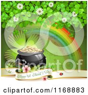 Clipart Of A Happy St Patricks Day Greeting Background With Shamrocks A Rainbow And A Pot Of Leprechauns Gold Royalty Free Vector Illustration
