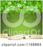 Clipart Of A Happy St Patricks Day Greeting Over Green With Clovers And Flowers Royalty Free Vector Illustration