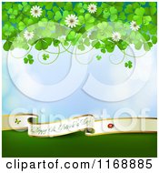 Clipart Of A Happy St Patricks Day Greeting Over Blue With Clovers And Flowers Royalty Free Vector Illustration