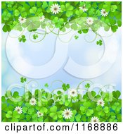 Poster, Art Print Of Green St Patricks Day Background With Shamrock Clovers And Flowers Over Flares On Blue