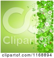 Poster, Art Print Of Green St Patricks Day Background With Shamrock Clovers And Flowers Over Diagonal Stripes