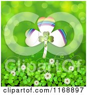 Poster, Art Print Of Rainbow St Patricks Day Shamrock Over Clovers And Flowers On Green