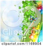 Poster, Art Print Of Spring Time Rainbow Dew Clover And Butterfly Background Over Blue