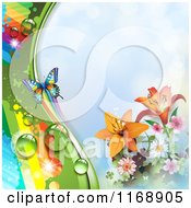 Poster, Art Print Of Spring Time Rainbow Dew Flower And Butterfly Background Over Blue