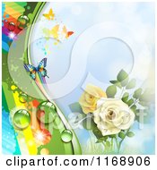 Poster, Art Print Of Spring Time Rainbow Dew Rose And Butterfly Background Over Blue