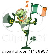 Poster, Art Print Of St Patricks Day Leprechaun Singing On A Flag Pole