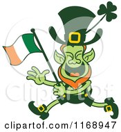 Poster, Art Print Of St Patricks Day Leprechaun Running And Waving An Irish Flag