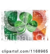 Clipart Of A Green St Patricks Day Clover Over A Grungy Irish Flag Royalty Free Vector Illustration