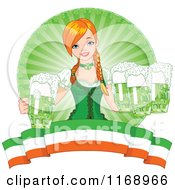 Cartoon Of A Beautiful Irish Beer Maiden Serving Green St Patricks Day Beer Over A Banner Royalty Free Vector Clipart