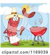Poster, Art Print Of Mexican Sausage Chef Mascot Pointing To A Weenie On A Fork On A Hill