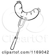 Cartoon Of A Black And White Bbq Fork With A Sausage Royalty Free Vector Clipart