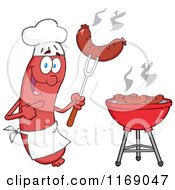 Sausage Chef Mascot Pointing To A Weenie On A Fork