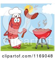 Poster, Art Print Of Sausage Chef Mascot Pointing To A Weenie On A Fork On A Hill