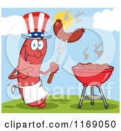 Poster, Art Print Of American Sausage Chef Mascot Pointing To A Weenie On A Fork On A Hill