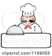Cartoon Of A Happy Chef Holding A Cloche Platter And A Winking Over Copyspace Royalty Free Vector Clipart