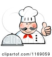 Cartoon Of A Happy Chef Holding A Cloche Platter And A Thumb Up Royalty Free Vector Clipart