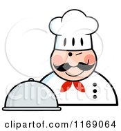 Cartoon Of A Happy Chef Holding A Cloche Platter And A Winking Royalty Free Vector Clipart