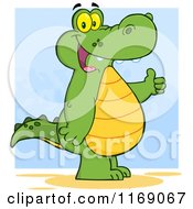 Cartoon Of A Happy Alligator Holding A Thumb Up Over Blue Royalty Free Vector Clipart