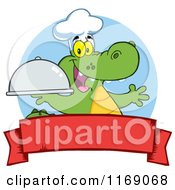 Poster, Art Print Of Happy Chef Alligator Holding A Platter Cloche Over A Red Banner