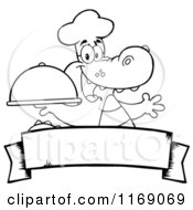 Poster, Art Print Of Black And White Chef Alligator Holding A Platter Cloche Over A Banner