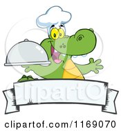 Cartoon Of A Happy Chef Alligator Holding A Platter Cloche Over A Banner Royalty Free Vector Clipart