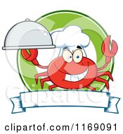 Cartoon Of A Happy Chef Crab Holding A Platter Cloche Over A Circle And Banner Royalty Free Vector Clipart by Hit Toon