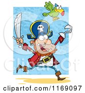 Poster, Art Print Of Parrot Flying Over A Happy Pirate Running With A Sword And Hook Hand In The Air