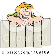 Cartoon Of A Gossiping Neighbor Man Talking Over A Fence Royalty Free Vector Clipart
