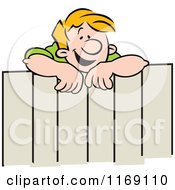 Cartoon Of A Happy Neighbor Man Talking Over A Fence Royalty Free Vector Clipart