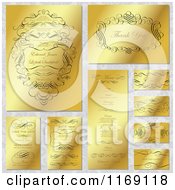 Clipart Of Golden Wedding Design Elements And Invites With Sample Text On A Floral Pattern Royalty Free Vector Illustration