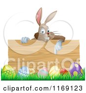 Poster, Art Print Of Brown Easter Bunny Pointing Down At A Wood Sign Over Eggs In Grass