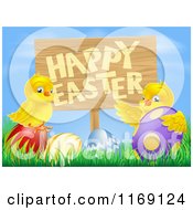 Poster, Art Print Of Happy Easter Sign With Chicks And Easter Eggs Against Blue Sky
