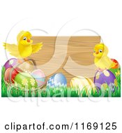 Poster, Art Print Of Easter Chicks On Eggs In Front Of A Wooden Sign