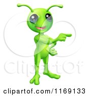 Cartoon Of A Friendly Green Alien Pointing Royalty Free Vector Clipart