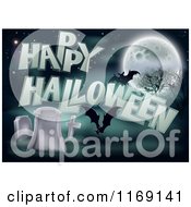Clipart Of A Happy Halloween Greeting With Bats A Full Moon And Tombstones Royalty Free Vector Illustration by AtStockIllustration