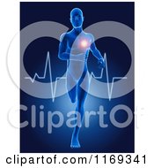 3d Blue Man Running With A Glowing Heart And Ecg Heartbeat