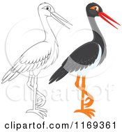 Cartoon Of A Standing Outlined And Black Stork Bird Royalty Free Vector Clipart