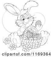 Poster, Art Print Of Outlined Easter Bunny Admiring Eggs In A Basket