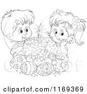 Cartoon Of Outlined Cute Children With An Easter Cake And Eggs Royalty Free Vector Clipart