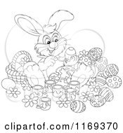 Poster, Art Print Of Outlined Easter Bunny Painting Eggs By A Basket