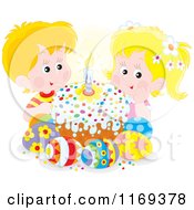 Poster, Art Print Of Cute Children With An Easter Cake And Eggs