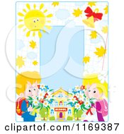 Cartoon Of A Frame Of Blond School Children With Flowers With Graph Paper Royalty Free Vector Clipart