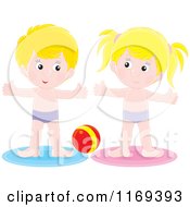Poster, Art Print Of Boy And Girl Doing Exercises By A Ball
