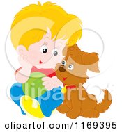 Poster, Art Print Of Happy Blond Boy And Puppy With A Ball