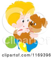 Poster, Art Print Of Happy Blond Boy Holding His Puppy