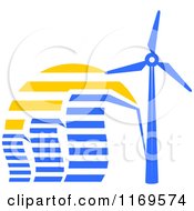 Poster, Art Print Of Blue Energy Efficient Buildings And A Windmill Turbine At Sunset