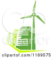 Clipart Of Green Energy Efficient Buildings And A Windmill Turbine Royalty Free Vector Illustration