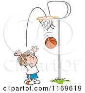 Cartoon Of A Little Boy Tossing A Basketball Through A Hoop Royalty Free Vector Clipart